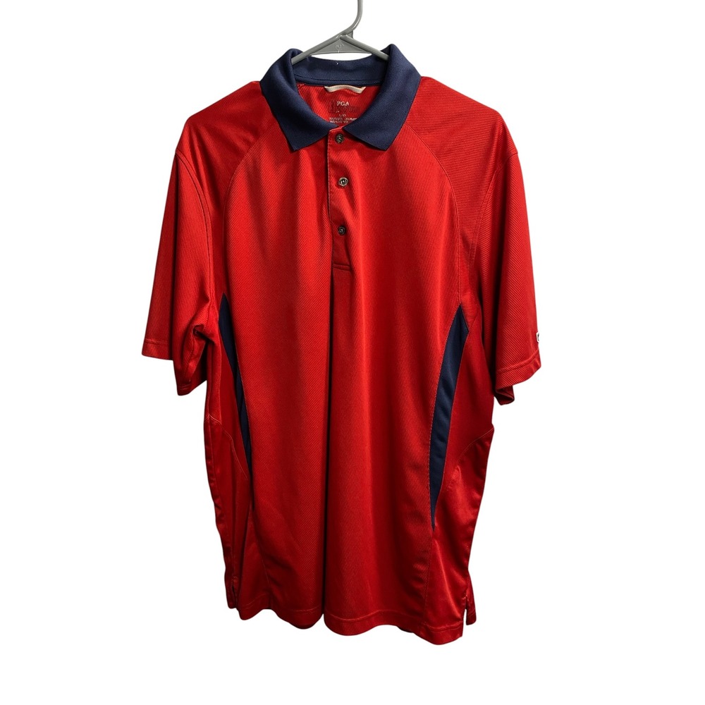PGA Tour Tech Zone Mens Large Red Navy Blue Performance Golf Polo Shirt L Short